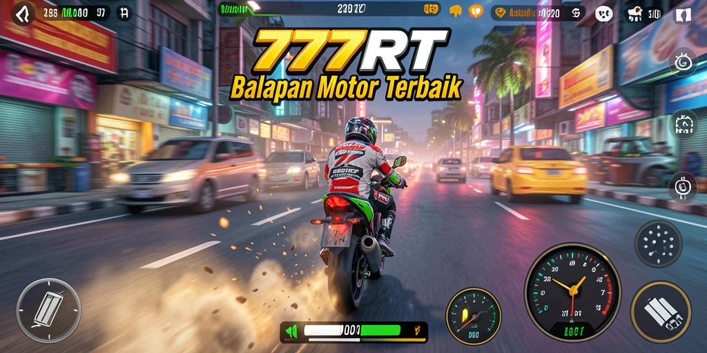 Gameplay dinamis dari 777RT yang menunjukkan balapan motor yang seru.
