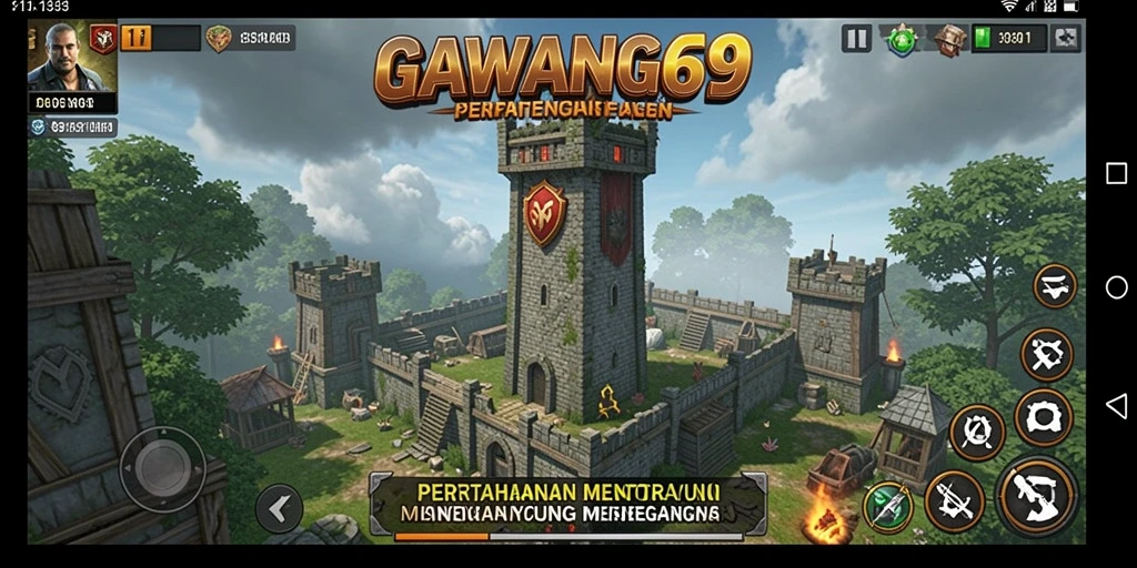 Tampilan gameplay menegangkan dari GAWANG69 dengan pertahanan menara yang strategis.