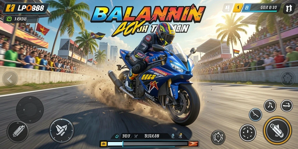 Tampilan gameplay yang mendebarkan dalam LPO88 saat balapan motor.