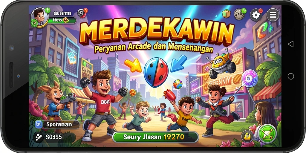 Screenshot menunjukkan gameplay seru MERDEKAWIN dengan berbagai karakter.