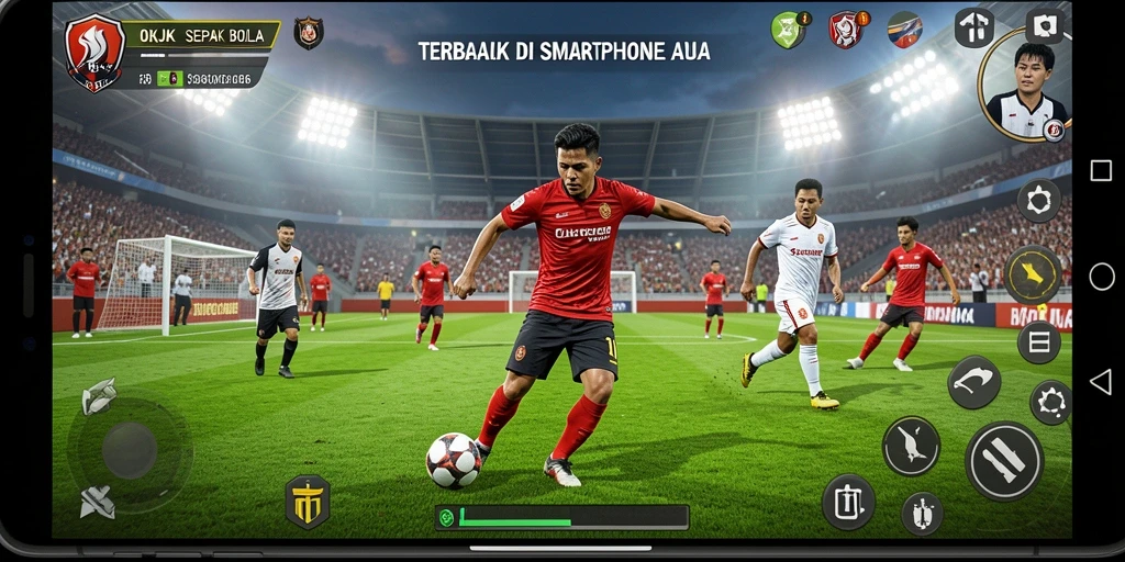 Screenshot utama OKJK menampilkan aksi seru pertandingan sepak bola.