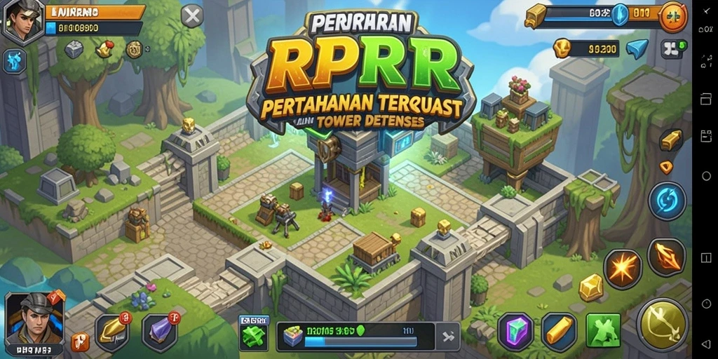 Screenshot menampilkan aksi menara pertahanan melawan gelombang musuh.