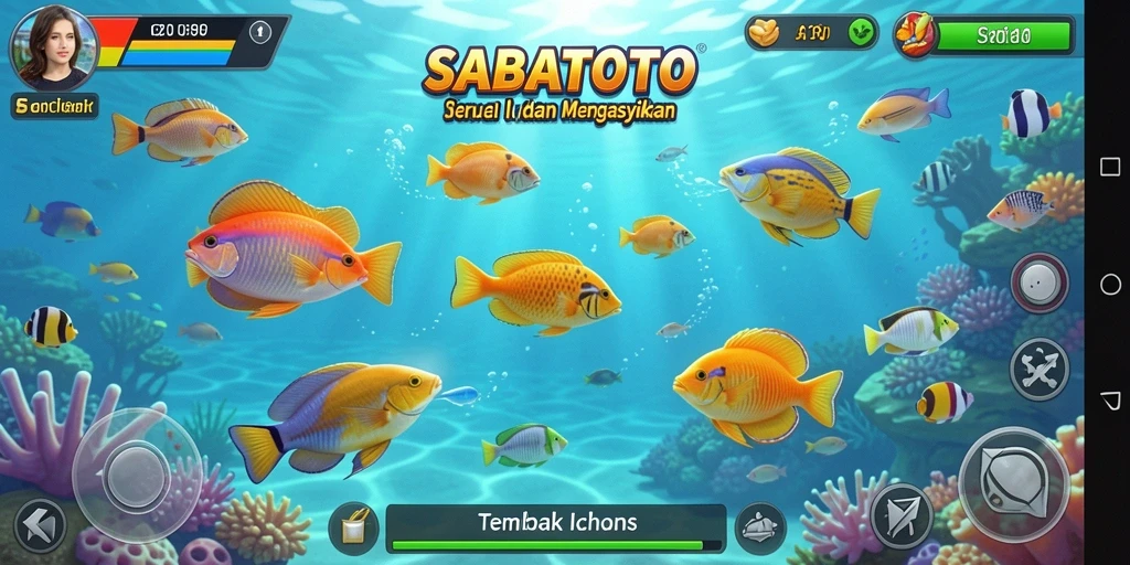 Screenshot utama SABATOTO yang menunjukkan aksi menembak ikan yang seru.