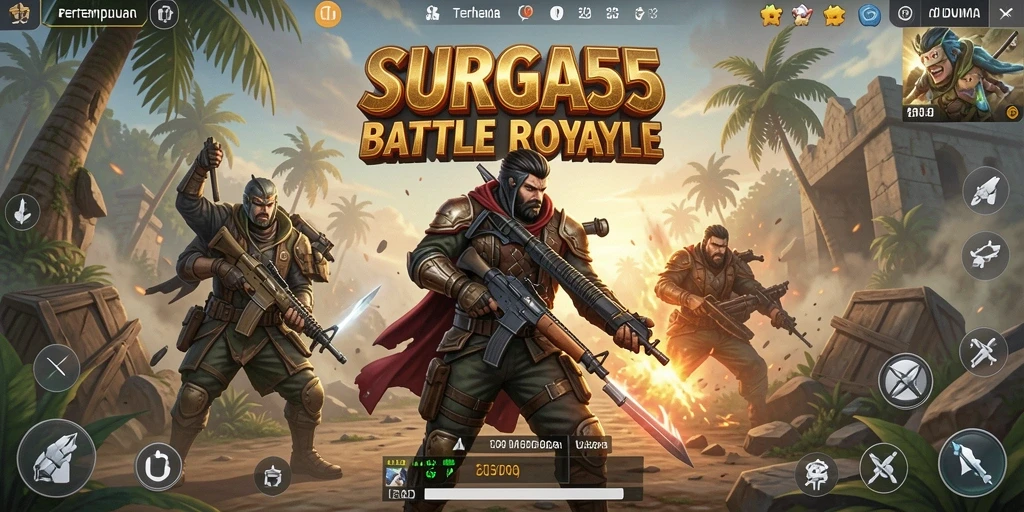 Tampilan gameplay epik dalam SURGA55 yang menampilkan pertempuran intens.