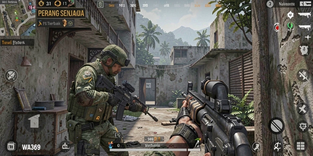 Gameplay mendebarkan dalam WA369 dengan aksi FPS intens.